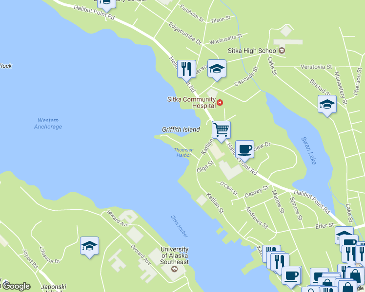 map of restaurants, bars, coffee shops, grocery stores, and more near Siginaka Way in Sitka