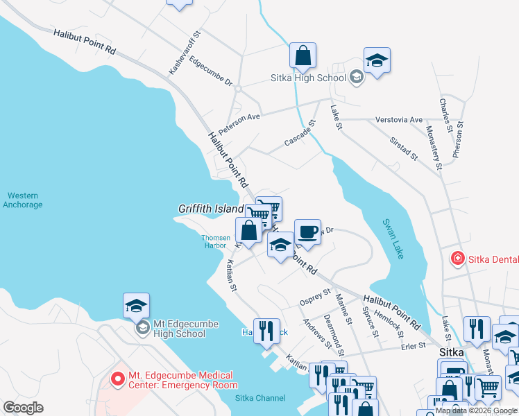map of restaurants, bars, coffee shops, grocery stores, and more near 688 Halibut Point Road in Sitka
