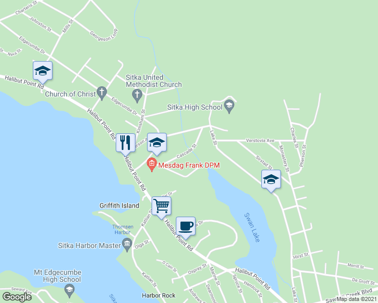 map of restaurants, bars, coffee shops, grocery stores, and more near 321 Cascade Street in Sitka