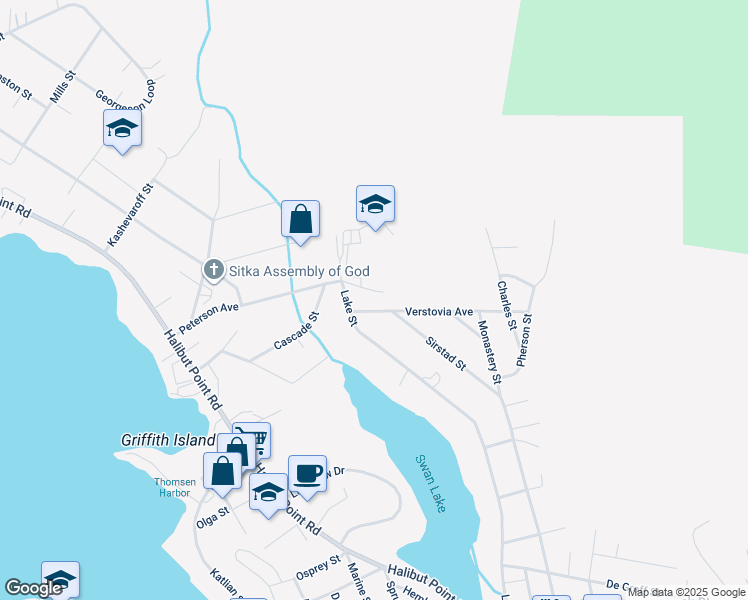 map of restaurants, bars, coffee shops, grocery stores, and more near 403 Verstovia Street in Sitka
