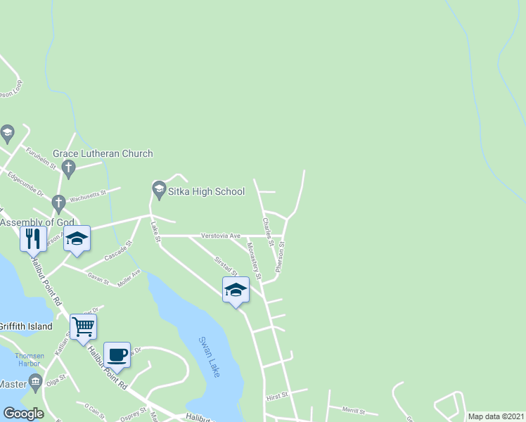 map of restaurants, bars, coffee shops, grocery stores, and more near 809 Charles Street in Sitka
