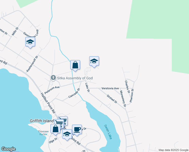 map of restaurants, bars, coffee shops, grocery stores, and more near 403 Verstovia Avenue in Sitka
