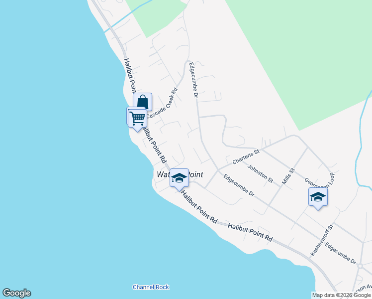 map of restaurants, bars, coffee shops, grocery stores, and more near 127-131 Shelikof Way in Sitka