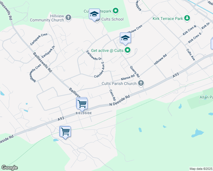 map of restaurants, bars, coffee shops, grocery stores, and more near 11 Cairn Road in Aberdeen City