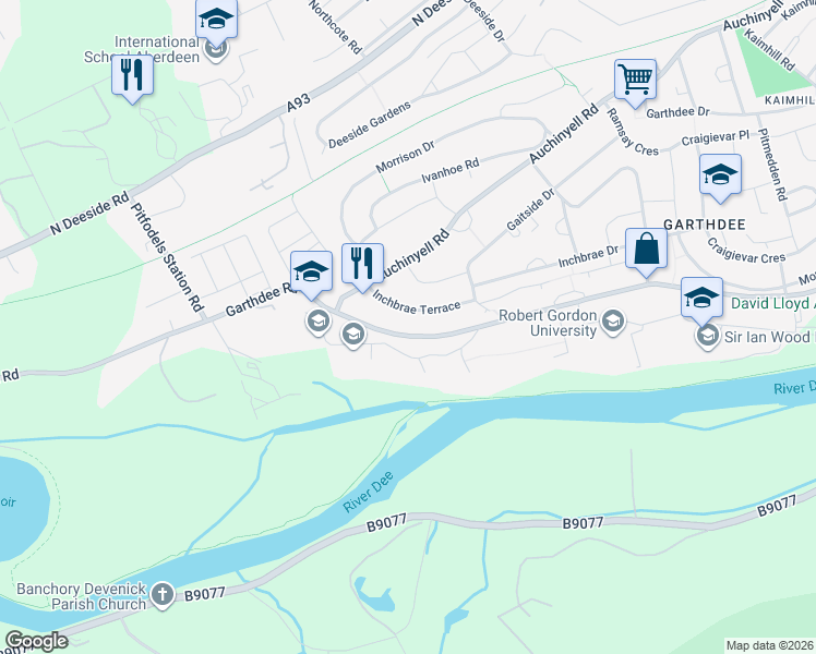 map of restaurants, bars, coffee shops, grocery stores, and more near Auchinyell Road in Aberdeen City