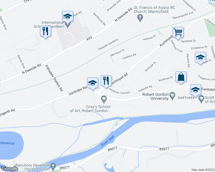 map of restaurants, bars, coffee shops, grocery stores, and more near Auchinyell Road in Aberdeen City