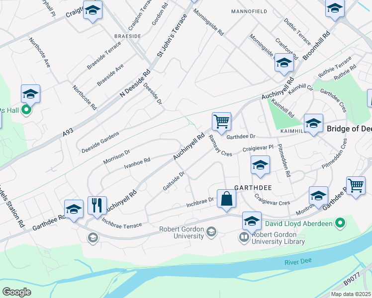 map of restaurants, bars, coffee shops, grocery stores, and more near Auchinyell Road in Aberdeen City