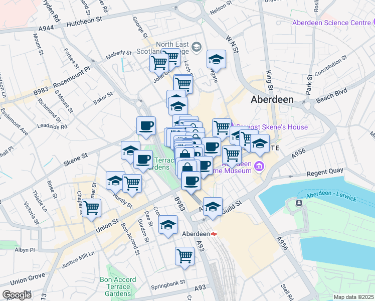 map of restaurants, bars, coffee shops, grocery stores, and more near 24 Belmont Street in Aberdeen