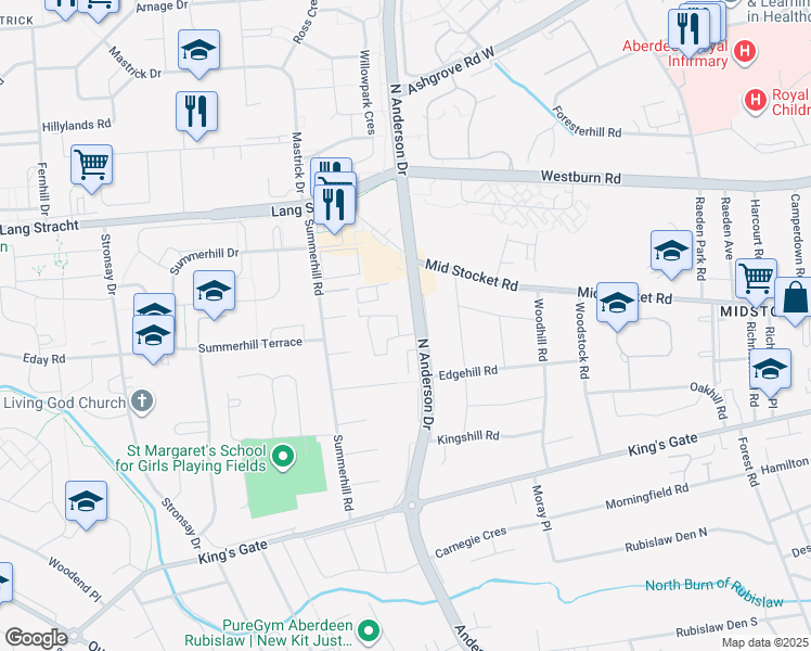 map of restaurants, bars, coffee shops, grocery stores, and more near 19 North Anderson Drive in Aberdeen City