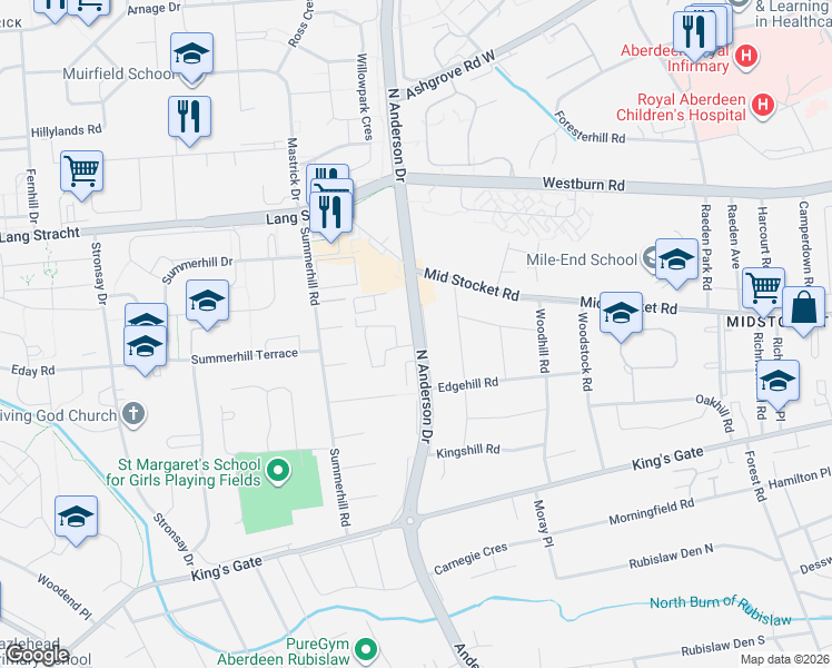 map of restaurants, bars, coffee shops, grocery stores, and more near 19 North Anderson Drive in Aberdeen City