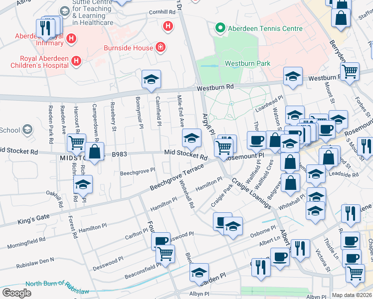 map of restaurants, bars, coffee shops, grocery stores, and more near 4 Mile-End Avenue in Aberdeen City