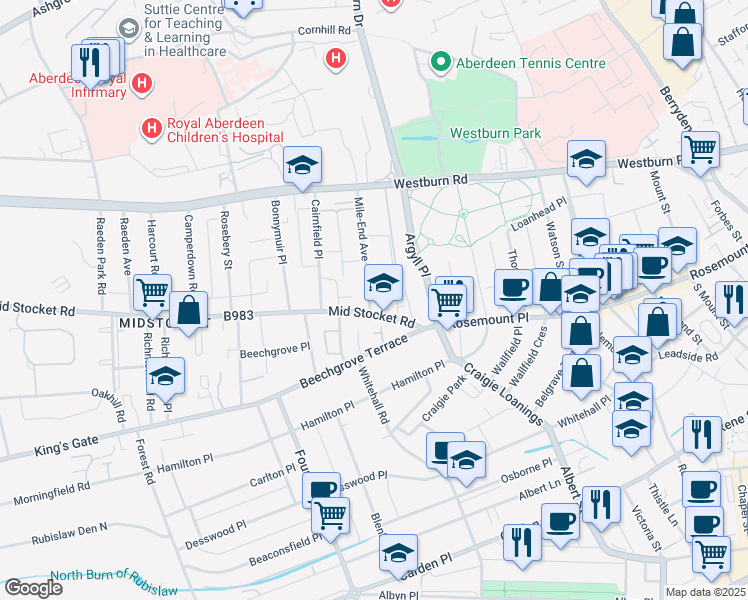 map of restaurants, bars, coffee shops, grocery stores, and more near 4 Mile-End Avenue in Aberdeen City