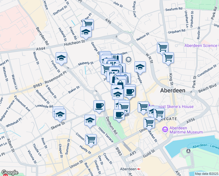 map of restaurants, bars, coffee shops, grocery stores, and more near 4A Charlotte Street in Aberdeen City