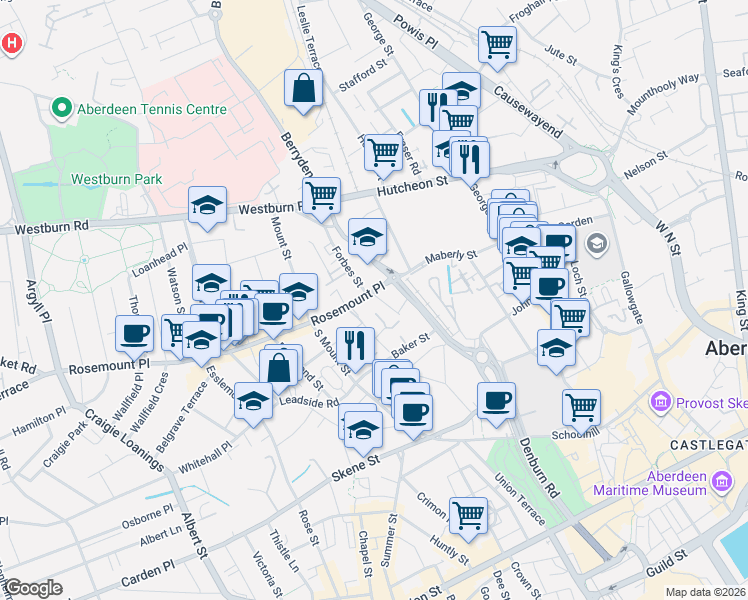 map of restaurants, bars, coffee shops, grocery stores, and more near 6 Hill Street in Aberdeen City