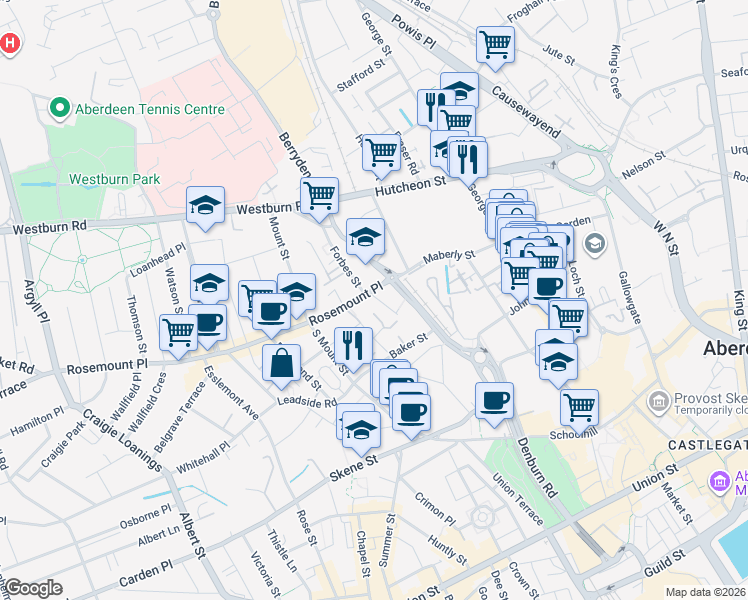 map of restaurants, bars, coffee shops, grocery stores, and more near 6 Hill Street in Aberdeen City
