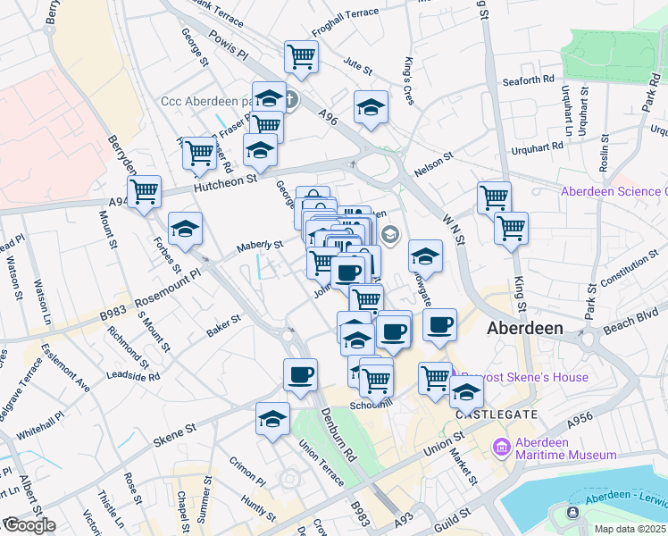 map of restaurants, bars, coffee shops, grocery stores, and more near 246 George Street in Aberdeen City