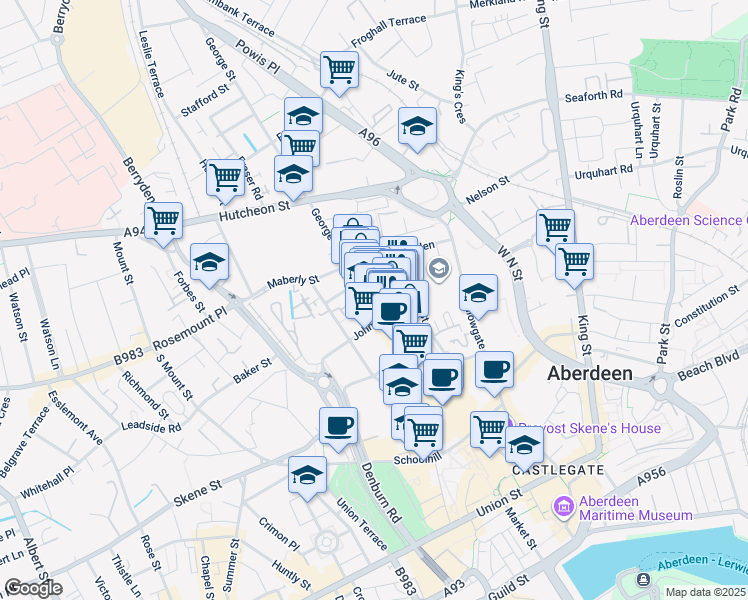 map of restaurants, bars, coffee shops, grocery stores, and more near 254 George Street in Aberdeen City