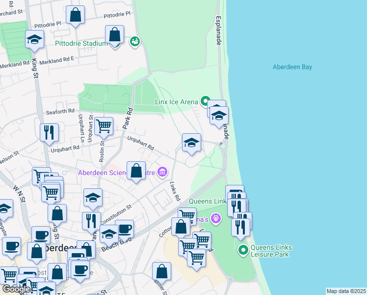 map of restaurants, bars, coffee shops, grocery stores, and more near 369 Links Road in Aberdeen City