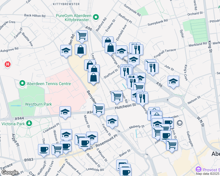 map of restaurants, bars, coffee shops, grocery stores, and more near 42A Holland Street in Aberdeen City
