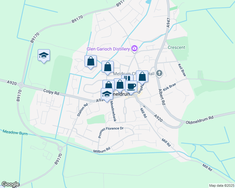 map of restaurants, bars, coffee shops, grocery stores, and more near in Oldmeldrum