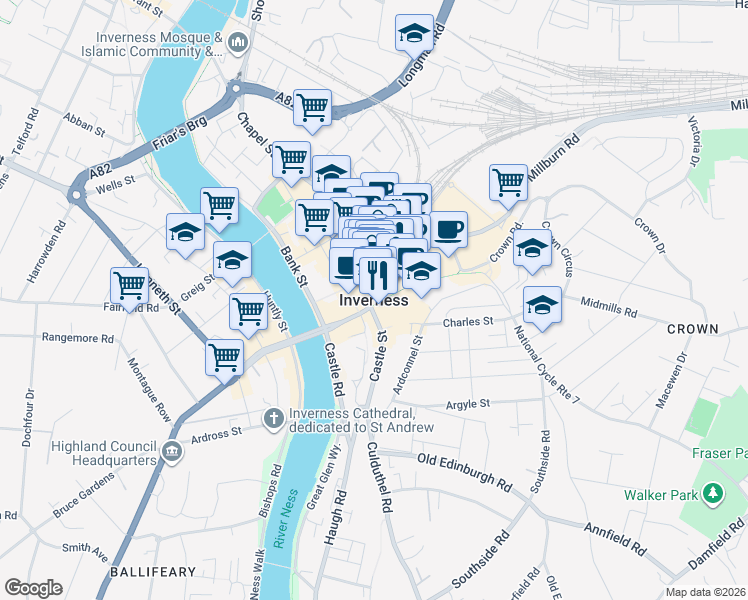 map of restaurants, bars, coffee shops, grocery stores, and more near in Inverness