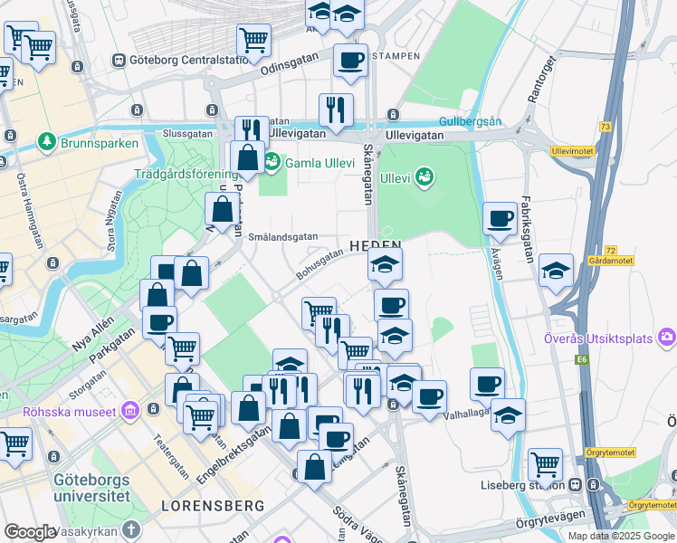map of restaurants, bars, coffee shops, grocery stores, and more near 13 Bohusgatan in Gothenburg
