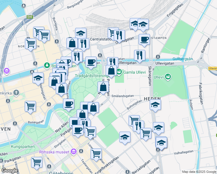 map of restaurants, bars, coffee shops, grocery stores, and more near 49 Parkgatan in Gothenburg