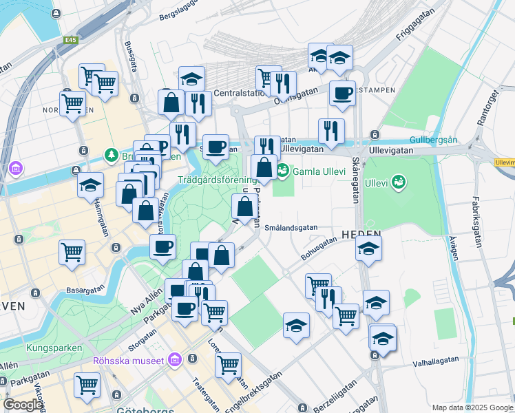 map of restaurants, bars, coffee shops, grocery stores, and more near 49 Parkgatan in Gothenburg