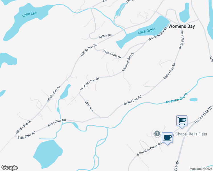 map of restaurants, bars, coffee shops, grocery stores, and more near 11263 Womans Bay Drive in Kodiak