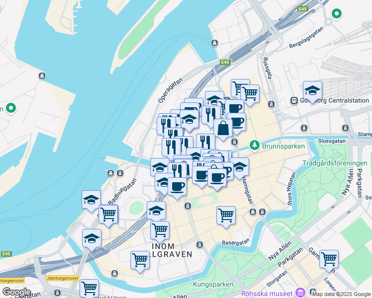 map of restaurants, bars, coffee shops, grocery stores, and more near 11 Köpmansgatan in Gothenburg