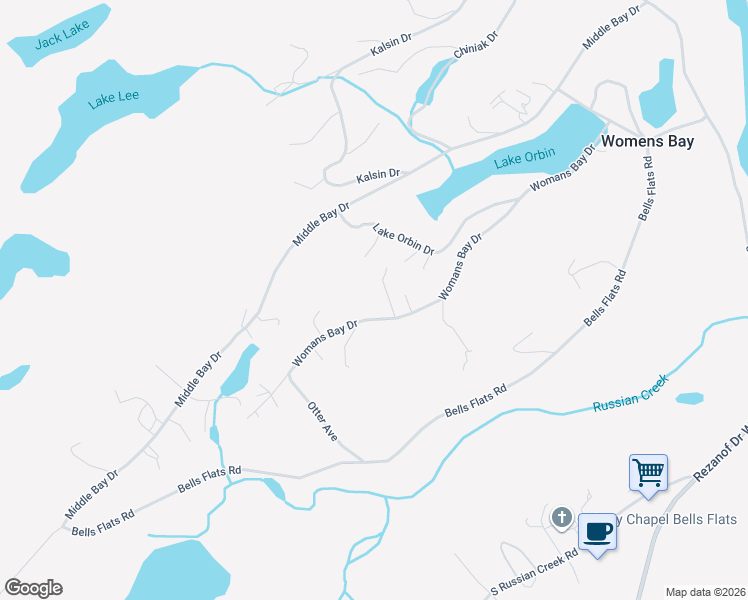 map of restaurants, bars, coffee shops, grocery stores, and more near 11263-11325 Womans Bay Drive in Kodiak