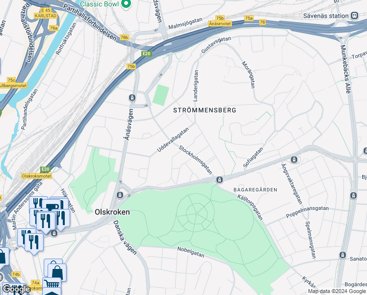 map of restaurants, bars, coffee shops, grocery stores, and more near 9 Stockholmsgatan in Gothenburg