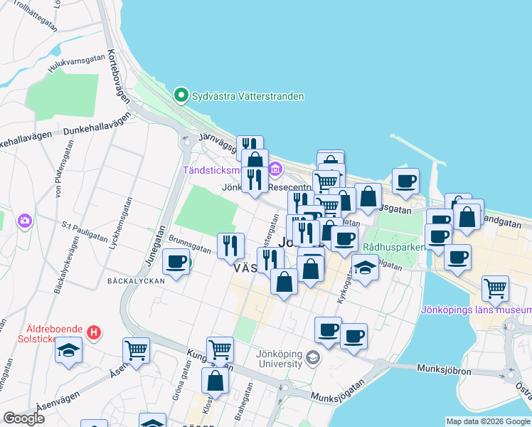 map of restaurants, bars, coffee shops, grocery stores, and more near 25A Västra Storgatan in Jönköping