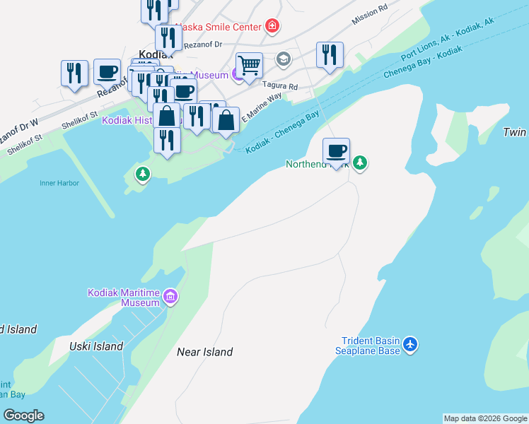 map of restaurants, bars, coffee shops, grocery stores, and more near 175 Alimaq Drive in Kodiak