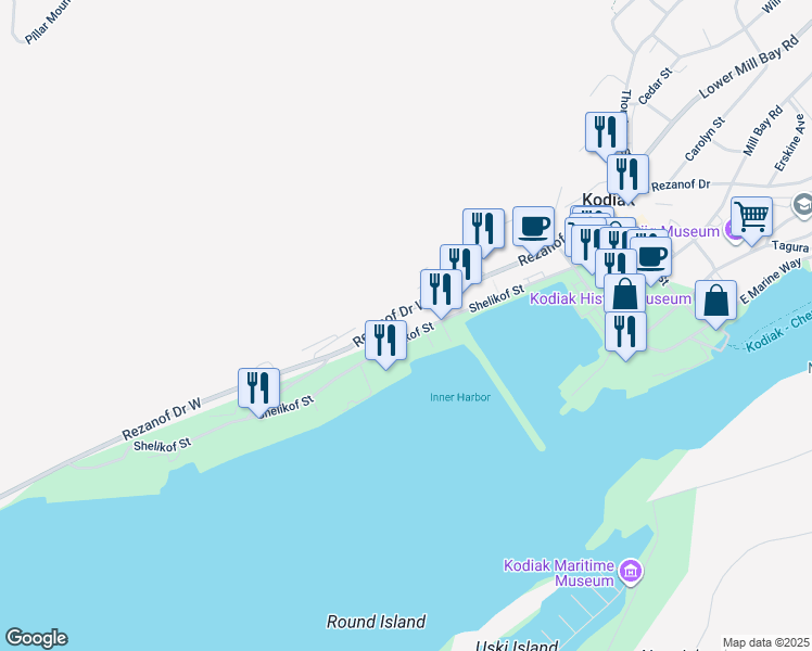 map of restaurants, bars, coffee shops, grocery stores, and more near 410 Shelikof Street in Kodiak
