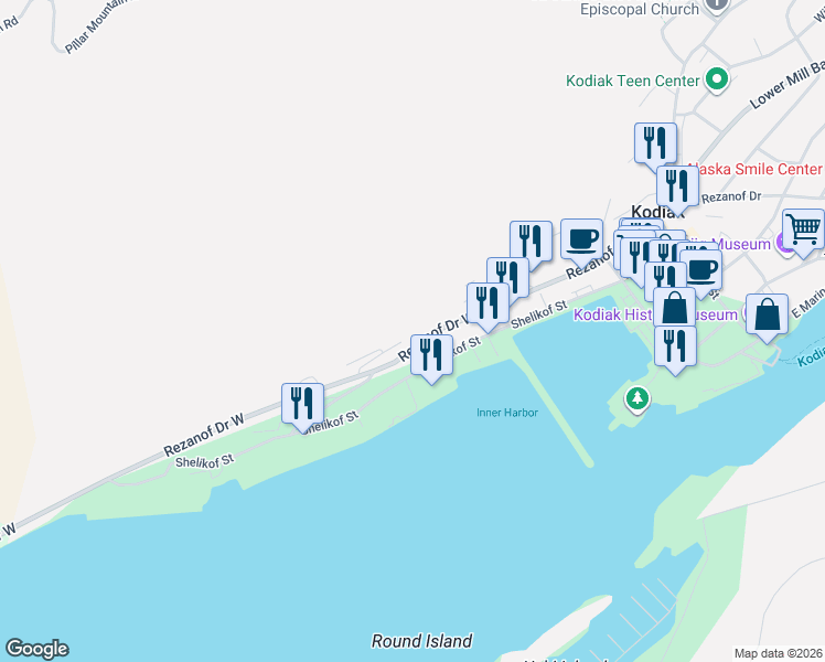 map of restaurants, bars, coffee shops, grocery stores, and more near 416 Rezanof Drive West in Kodiak