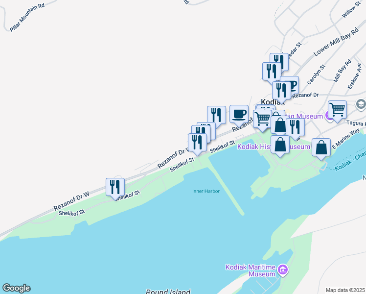 map of restaurants, bars, coffee shops, grocery stores, and more near 410 Shelikof Street in Kodiak