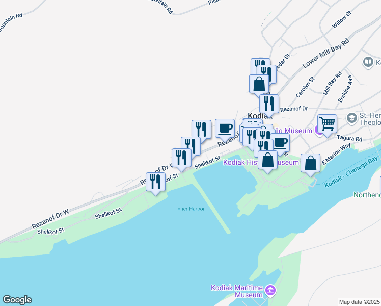 map of restaurants, bars, coffee shops, grocery stores, and more near 312 West Hillcrest Avenue in Kodiak