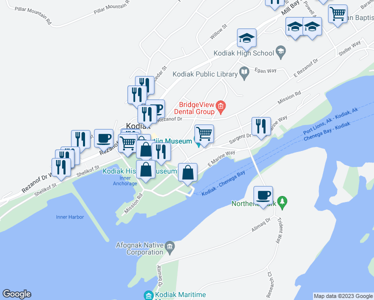 map of restaurants, bars, coffee shops, grocery stores, and more near 211 Mission Road in Kodiak