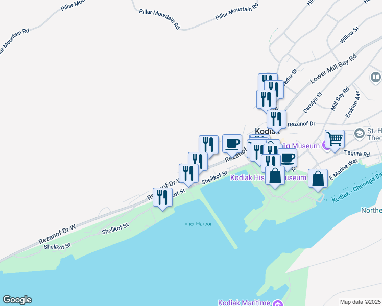 map of restaurants, bars, coffee shops, grocery stores, and more near 312 West Hillcrest Avenue in Kodiak