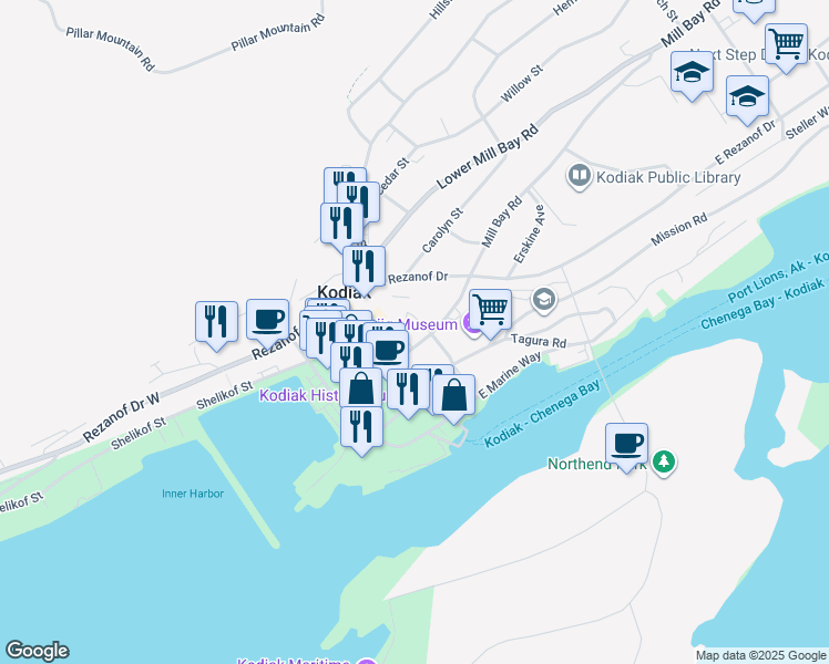 map of restaurants, bars, coffee shops, grocery stores, and more near 115 Mill Bay Road in Kodiak