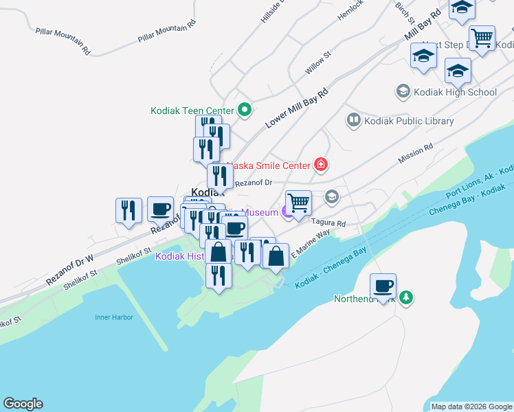 map of restaurants, bars, coffee shops, grocery stores, and more near 115 Mill Bay Road in Kodiak