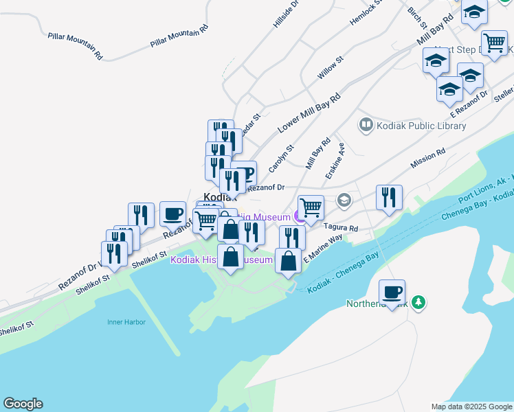 map of restaurants, bars, coffee shops, grocery stores, and more near 115 Mill Bay Road in Kodiak