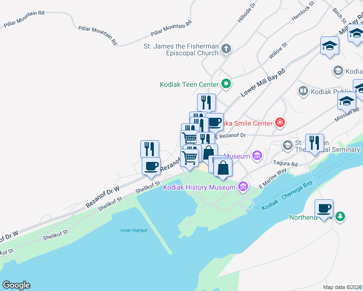 map of restaurants, bars, coffee shops, grocery stores, and more near 114 Natalia Way in Kodiak