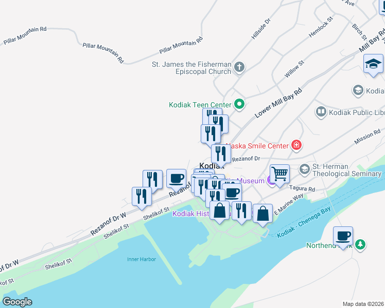 map of restaurants, bars, coffee shops, grocery stores, and more near 114 Natalia Way in Kodiak