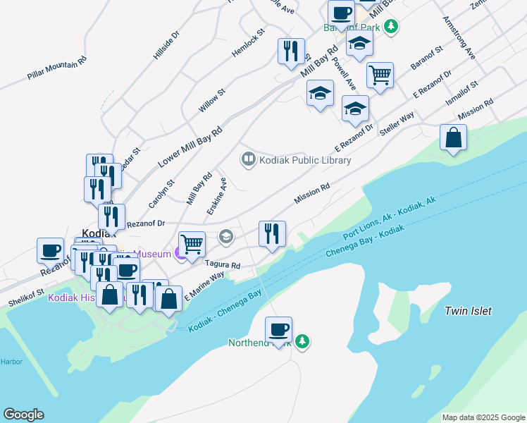 map of restaurants, bars, coffee shops, grocery stores, and more near 612 East Rezanof Drive in Kodiak