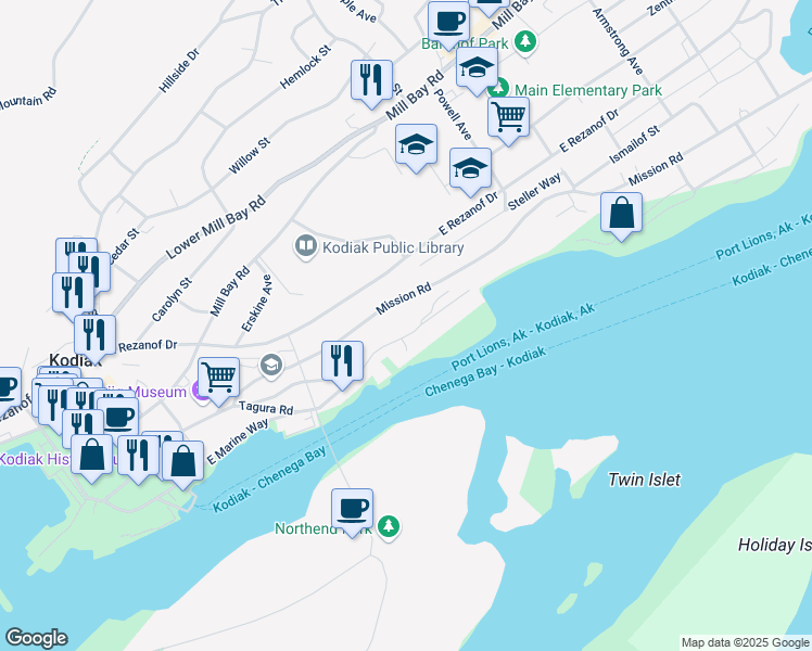map of restaurants, bars, coffee shops, grocery stores, and more near 719 East Marine Way in Kodiak