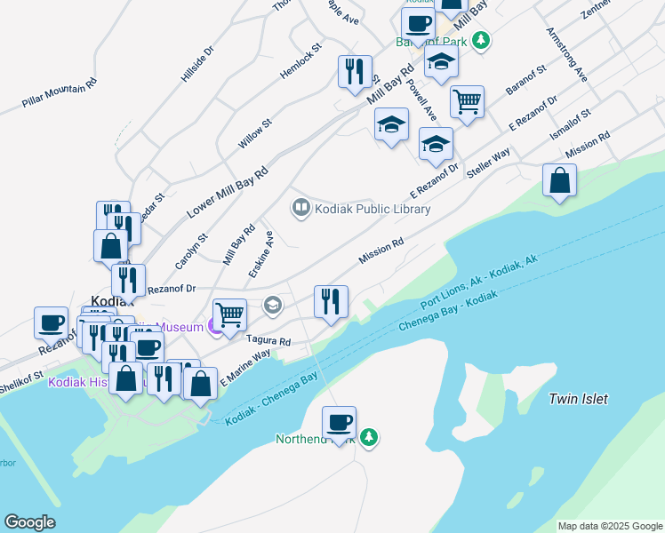 map of restaurants, bars, coffee shops, grocery stores, and more near 612 East Rezanof Drive in Kodiak
