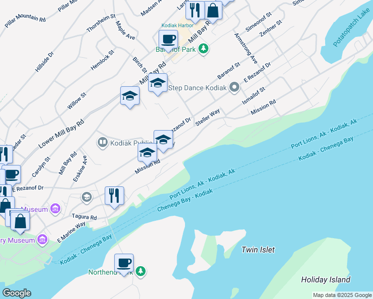 map of restaurants, bars, coffee shops, grocery stores, and more near 916 Mission Road in Kodiak