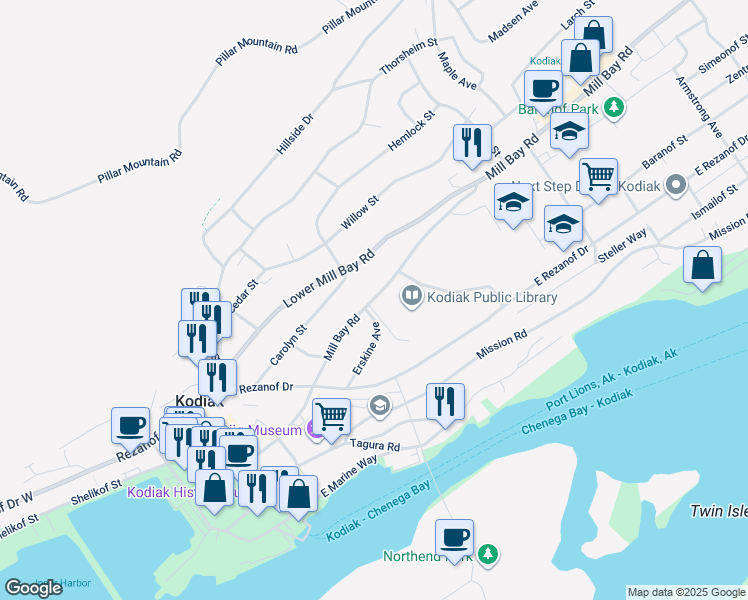 map of restaurants, bars, coffee shops, grocery stores, and more near Upper Mill Bay Road in Kodiak